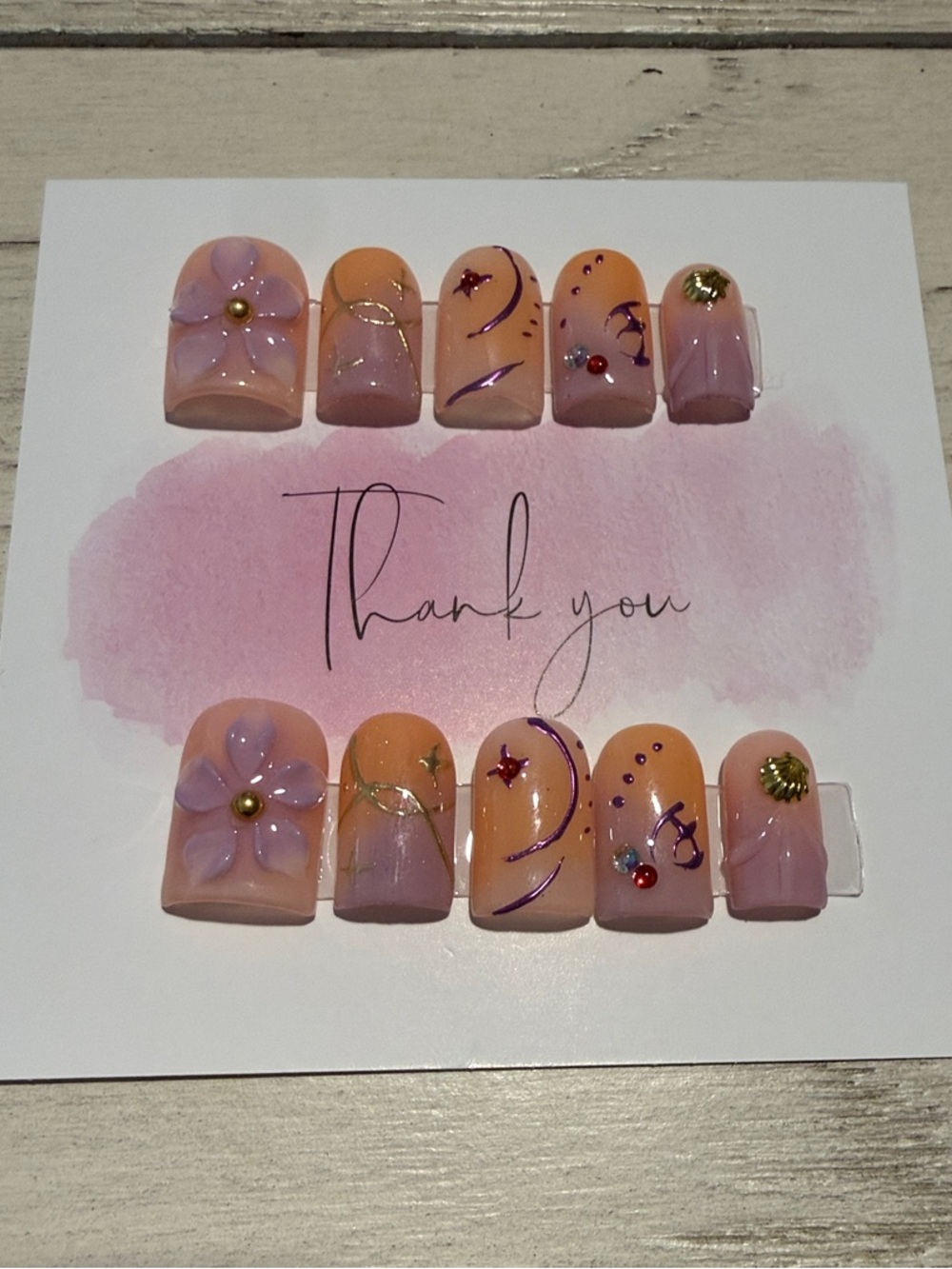 Peach & Lavender Floral Accent Press-On Nails with Gold Detail